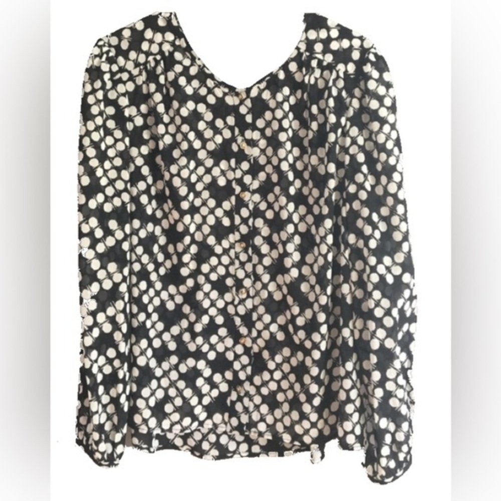 Trina Turk EUC Dada dot georgette silk gallerie blouse in black Size L